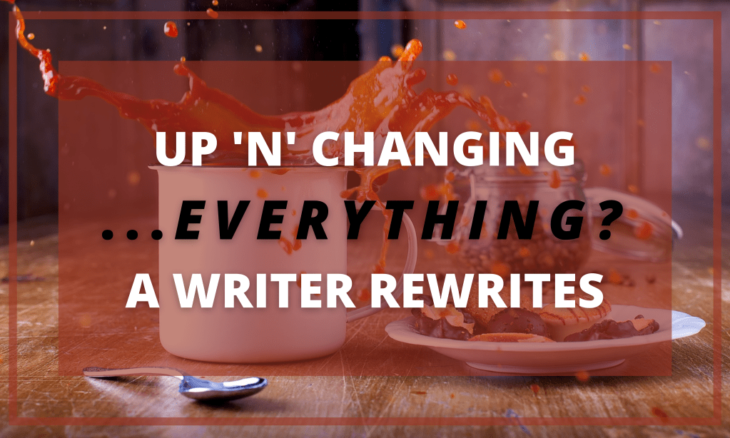 Image of an unsettled cup of coffee about to mess up a tray of treats, as backdrop to the title of this post.